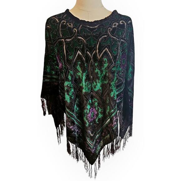 Coldwater Creek Jackets & Blazers - Womens One Size Poncho Shrug Cape Purple Emerald Green Tassels Estate Rich